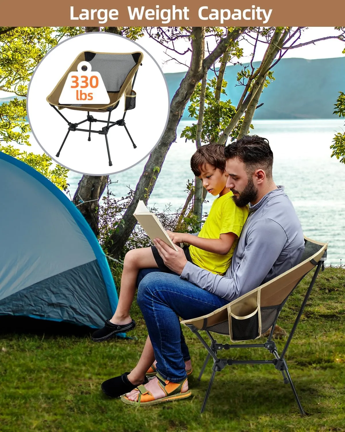 Sportneer Camping Chairs, Lightweight Outdoor Chairs with 2 Side Pockets & Storage Bag, Foldable & Portable Lawn Chairs for Camping Hiking Lawn Picnic Beach Outdoor Travel (2, Khaki)