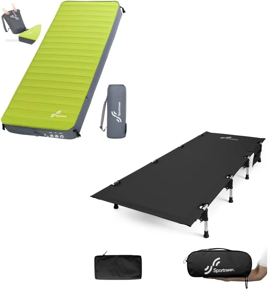 Sportneer Camping Cot   Self Inflating Sleeping Pad, Folding Cots Lever Lock Portable Lightweight Sleeping Camping Bed, 4" Ultra-Thick Sleeping Mats for Camping Car Travel Tent Home