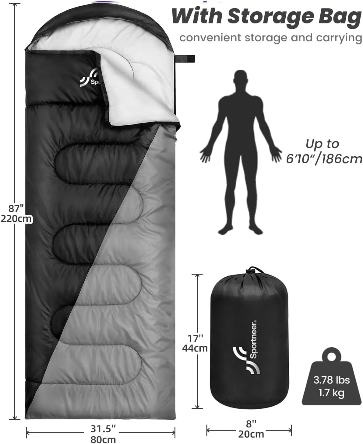Sportneer Sleeping Bags for Adults, Warm & Cold Weather Sleeping Bag for Adults Kids Boys Girls - Lightweight Compact Camping Gear Equipment, Traveling, Backpacking, Hiking