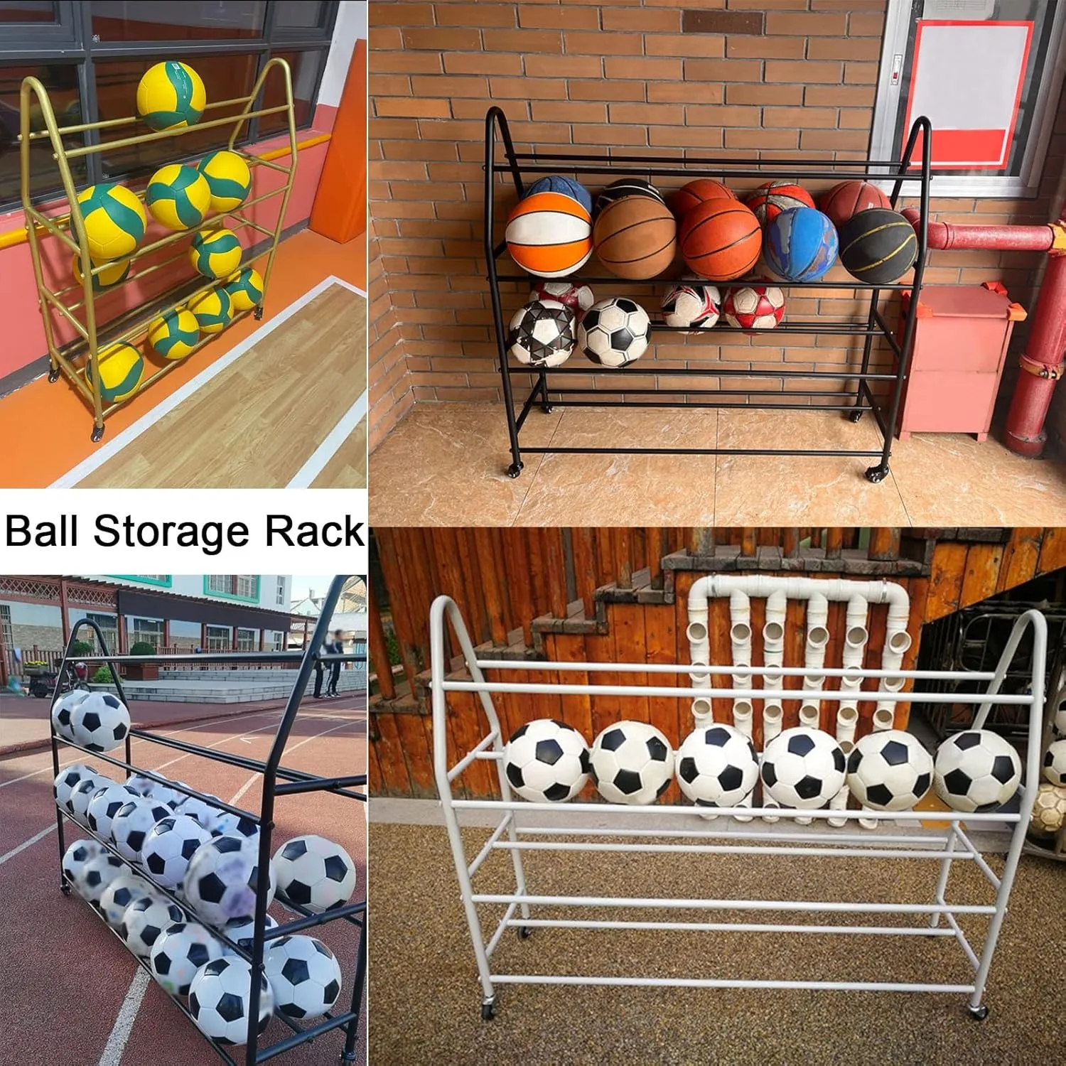 Sports Equipment Storage 4 Tier Rolling Basketball Cart with Lockable Wheels, Indoor Outdoor Sports Rack Ball Storage for Basketballs Footballs Volleyball