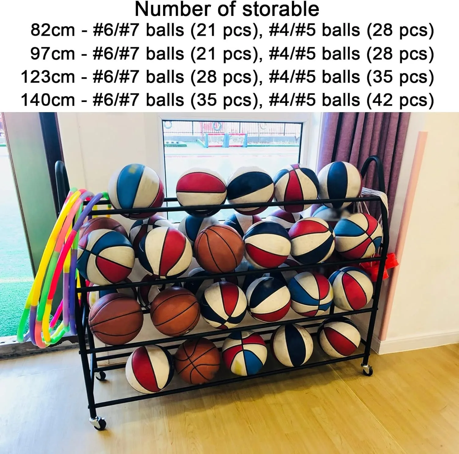 Sports Equipment Storage 4 Tier Rolling Basketball Cart with Lockable Wheels, Indoor Outdoor Sports Rack Ball Storage for Basketballs Footballs Volleyball