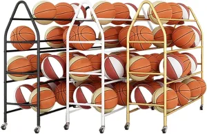 Sports Equipment Storage 4 Tier Rolling Basketball Cart with Lockable Wheels, Indoor Outdoor Sports Rack Ball Storage for Basketballs Footballs Volleyball