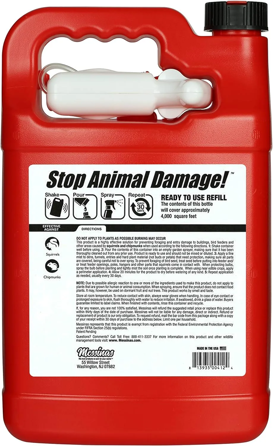 Squirrel Stopper, Liquid Animal Stopper Repellent, All Natural, Effective All Year Round, Safe for People and Pets, No Harsh Chemicals, Ready to Use, Squirrel Repellent - 1 Gallon