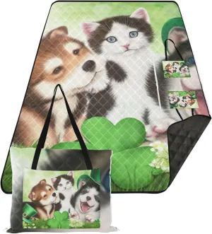 St Patrick's Day Cute Puppy Kitten Sand Proof Beach Blanket Waterproof Outdoor Blankets for Grass Cute Picnic Essentials Foldable 80" x 60"