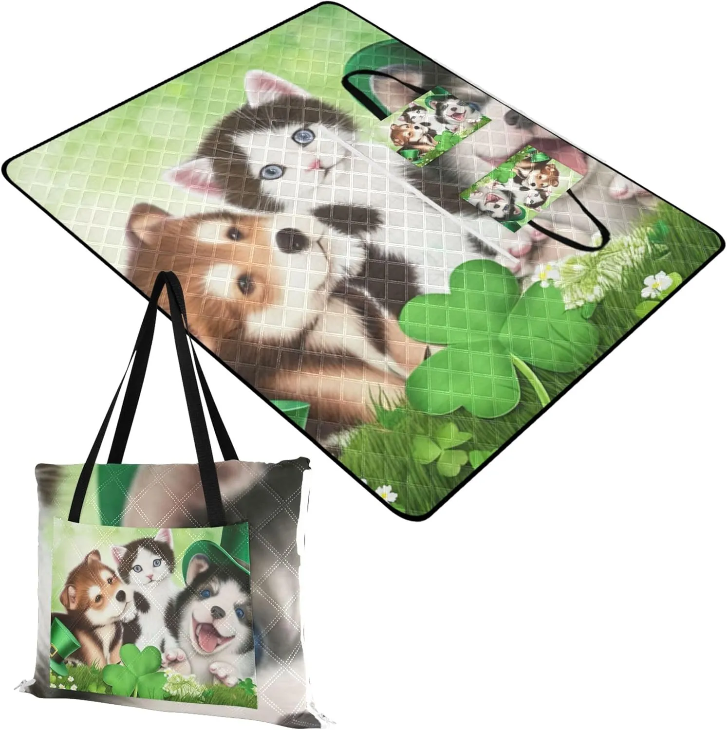 St Patrick's Day Cute Puppy Kitten Sand Proof Beach Blanket Waterproof Outdoor Blankets for Grass Cute Picnic Essentials Foldable 80" x 60"