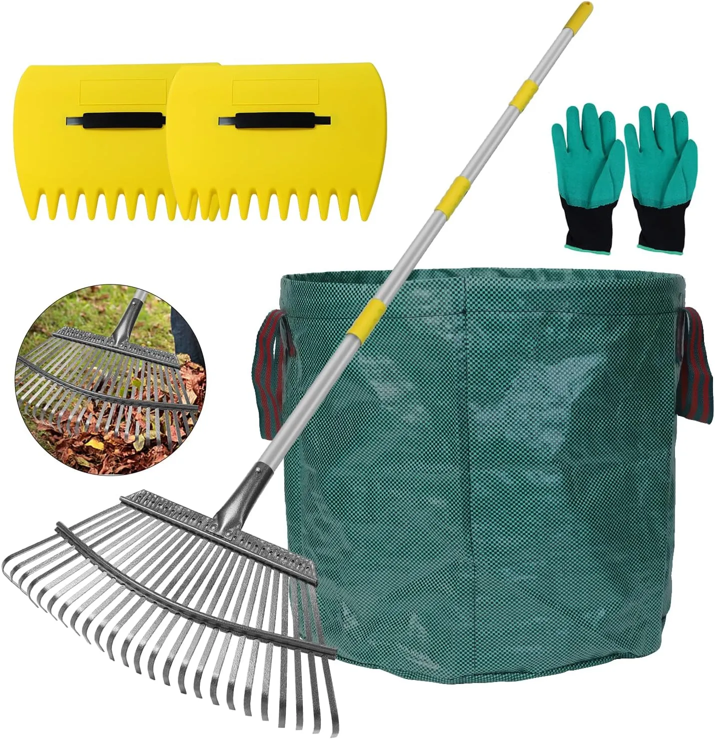 Stanew 65 Inch Long Garden Leaf Rake - 17" Wide Adjustable Handle With 25 Tines for Leaves - Sturdy Metal Yard Tool With 15 Gallon Bag (5FT)