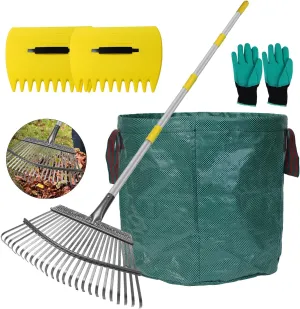 Stanew 65 Inch Long Garden Leaf Rake - 17" Wide Adjustable Handle With 25 Tines for Leaves - Sturdy Metal Yard Tool With 15 Gallon Bag (5FT)