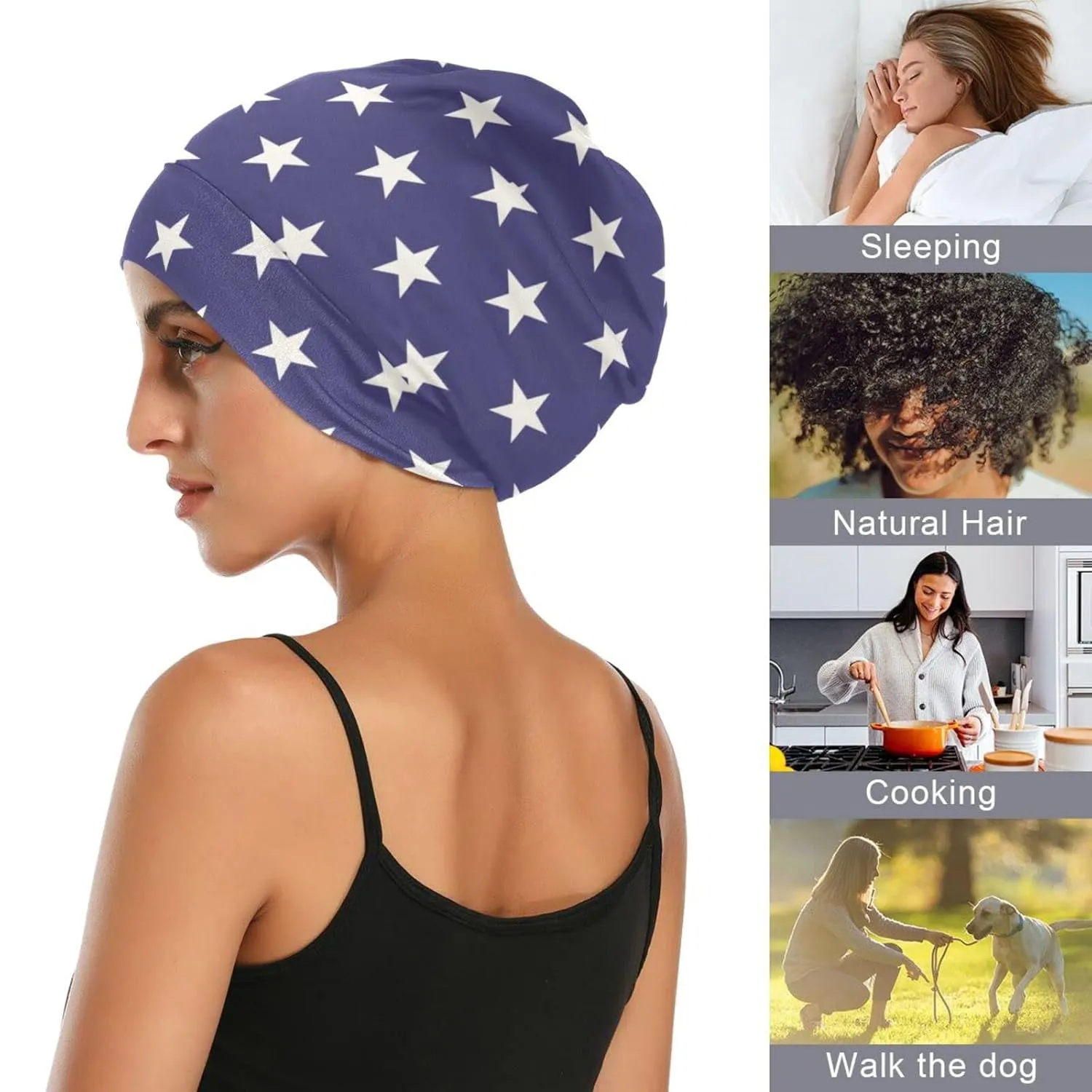 Star Blue Patriotic Hair Bonnet for Sleeping Sleep Cap Satin Lined Beanie Head Wrap Cover Nurse Cap Night Shower Slouchy Beanie for Men Women
