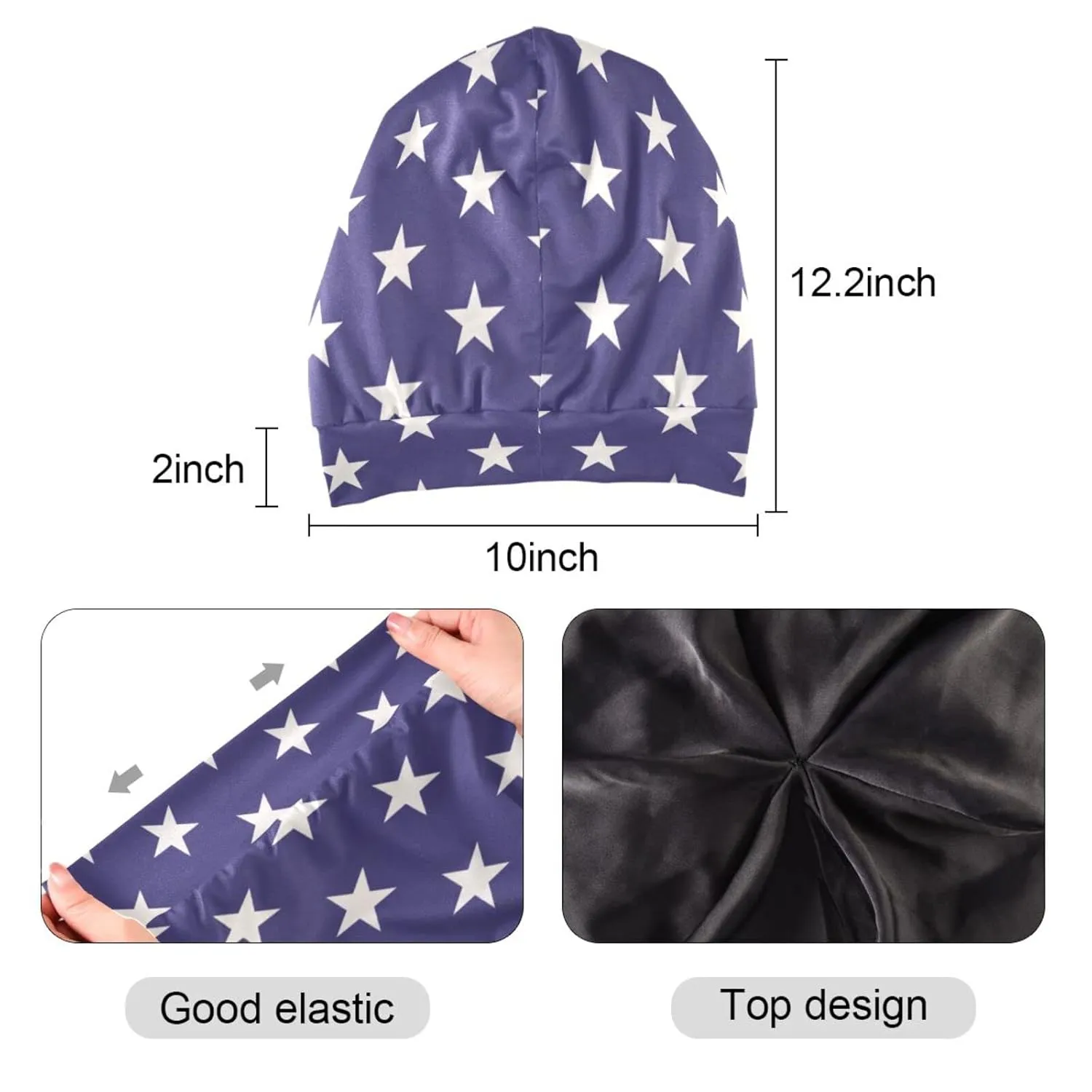 Star Blue Patriotic Hair Bonnet for Sleeping Sleep Cap Satin Lined Beanie Head Wrap Cover Nurse Cap Night Shower Slouchy Beanie for Men Women