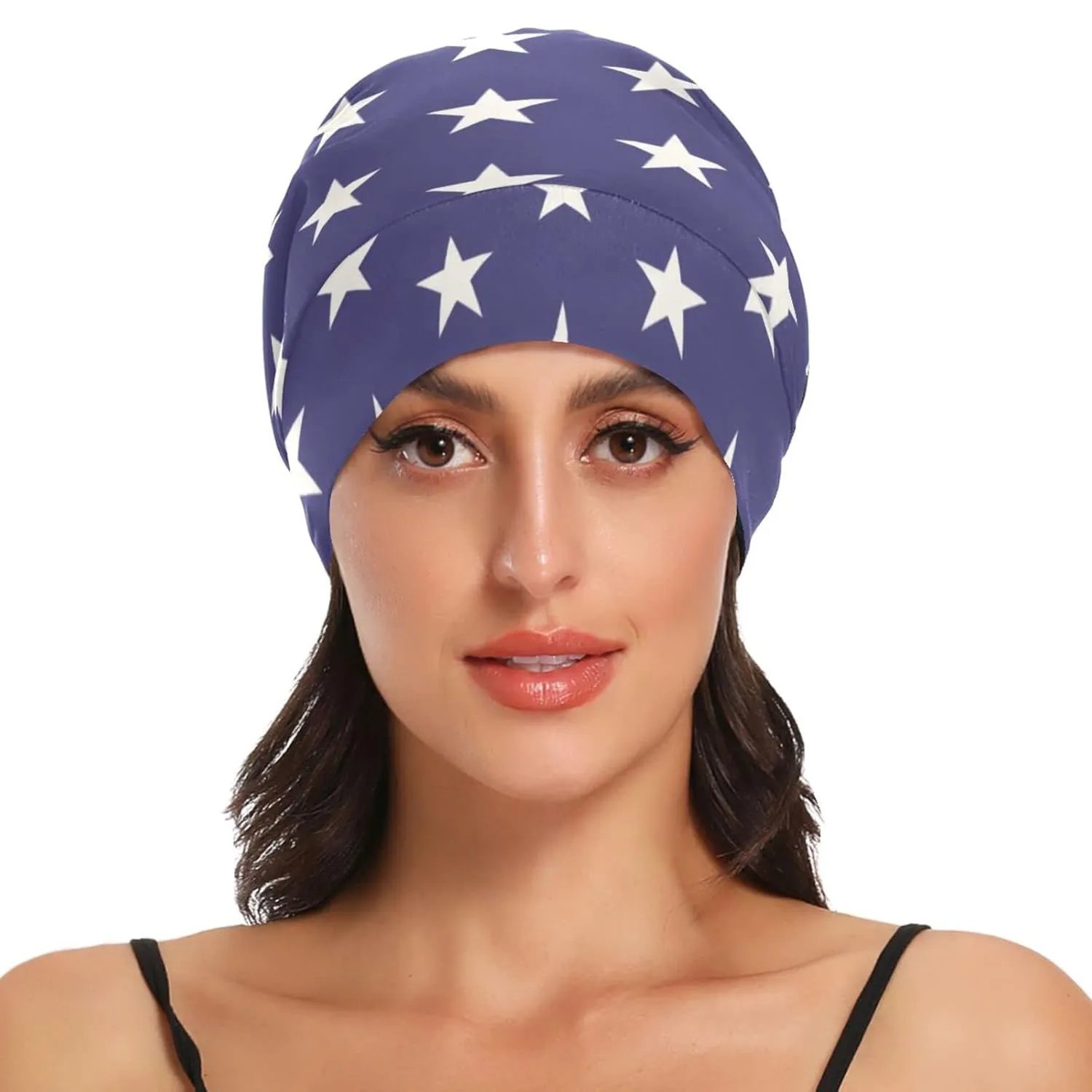 Star Blue Patriotic Hair Bonnet for Sleeping Sleep Cap Satin Lined Beanie Head Wrap Cover Nurse Cap Night Shower Slouchy Beanie for Men Women