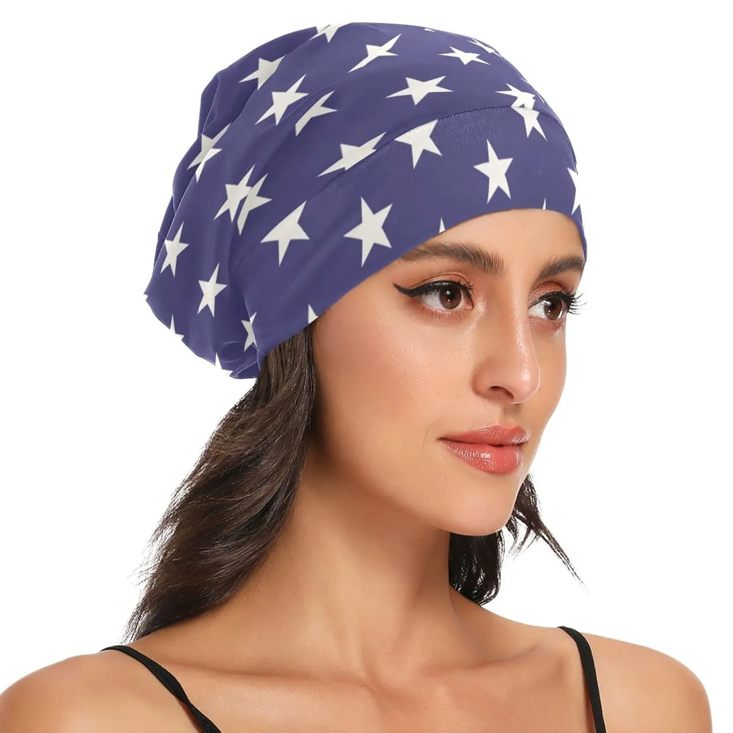Star Blue Patriotic Hair Bonnet for Sleeping Sleep Cap Satin Lined Beanie Head Wrap Cover Nurse Cap Night Shower Slouchy Beanie for Men Women