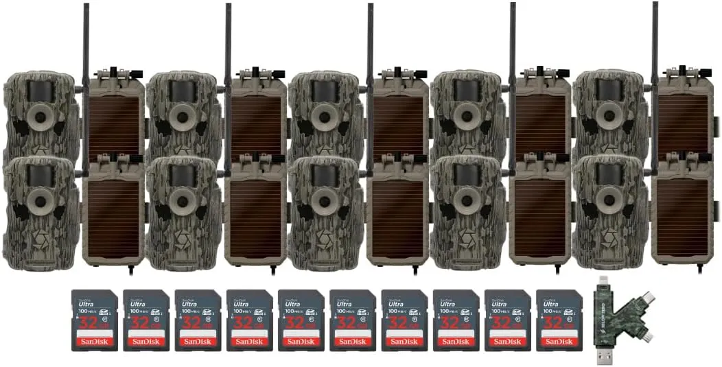 Stealth Cam 36MP Fusion Max Cellular Trail Camera (10-Pack) Bundle with 10x Lithium Solar Power Panel, 10x 32GB Memory Card, and Card Reader (31 Items)