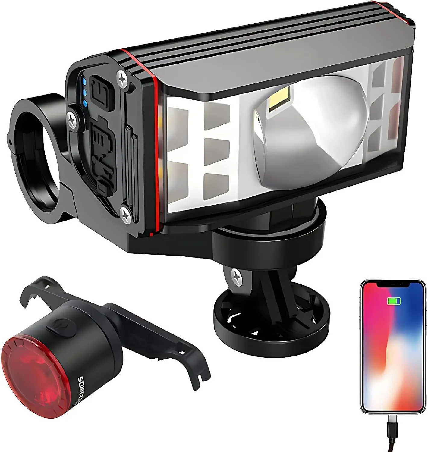 STONEBROOK, 1800LM Smart Bike Lights Set - Bicycle Headlight Rechargeable & 7 Modes Taillight, IP65 Waterproof,Power Bank,Bike Light for Night Riding,Road & Mountain Cycling,Commuting