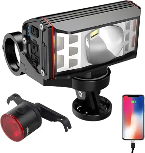 STONEBROOK, 1800LM Smart Bike Lights Set - Bicycle Headlight Rechargeable & 7 Modes Taillight, IP65 Waterproof,Power Bank,Bike Light for Night Riding,Road & Mountain Cycling,Commuting