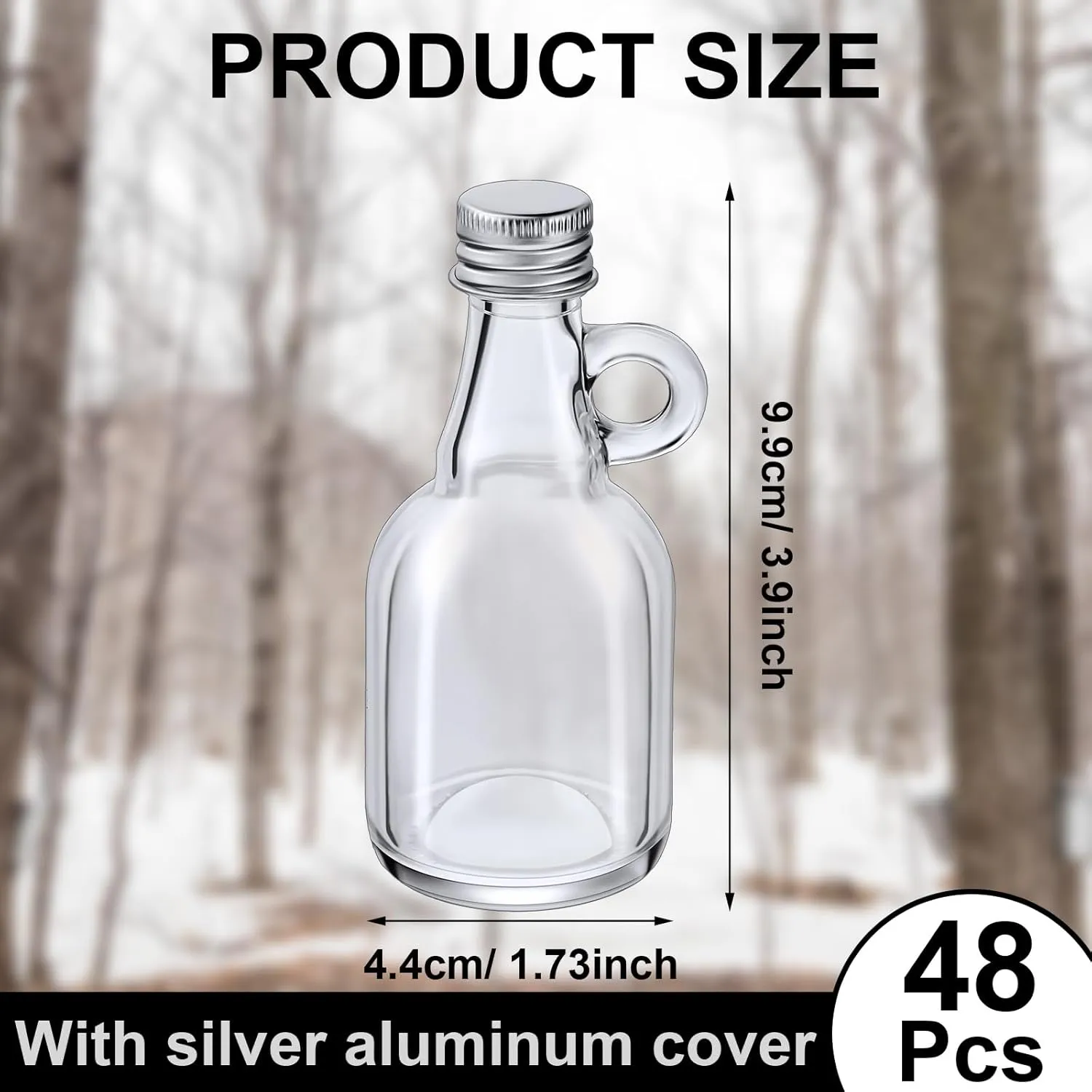 Suclain 48 Pcs 1.7oz Glass Syrup Bottles with Aluminum Lids and Loop Handle Clear Glass Reusable Maple Syrup Jars Container Stout Sample Bottles for Potion Juice Milk Storage Sauce Oil