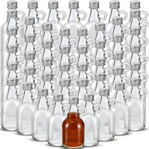Suclain 48 Pcs 1.7oz Glass Syrup Bottles with Aluminum Lids and Loop Handle Clear Glass Reusable Maple Syrup Jars Container Stout Sample Bottles for Potion Juice Milk Storage Sauce Oil