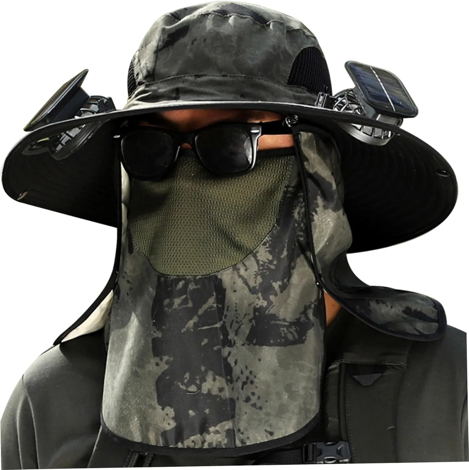 Sun Hat with 2 Solar Fans,UPF 50  Solar Powered Fans Hat,3 Speeds Wide Brim Fishing Cowboy Hats with Detachable Face Cover