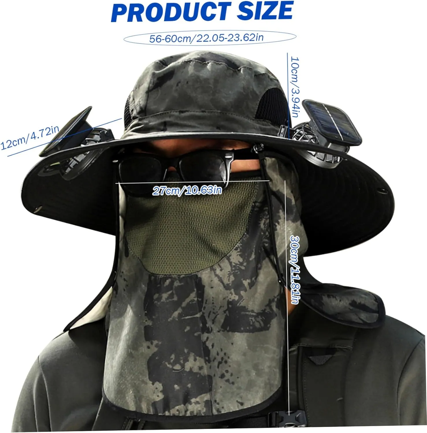 Sun Hat with 2 Solar Fans,UPF 50  Solar Powered Fans Hat,3 Speeds Wide Brim Fishing Cowboy Hats with Detachable Face Cover