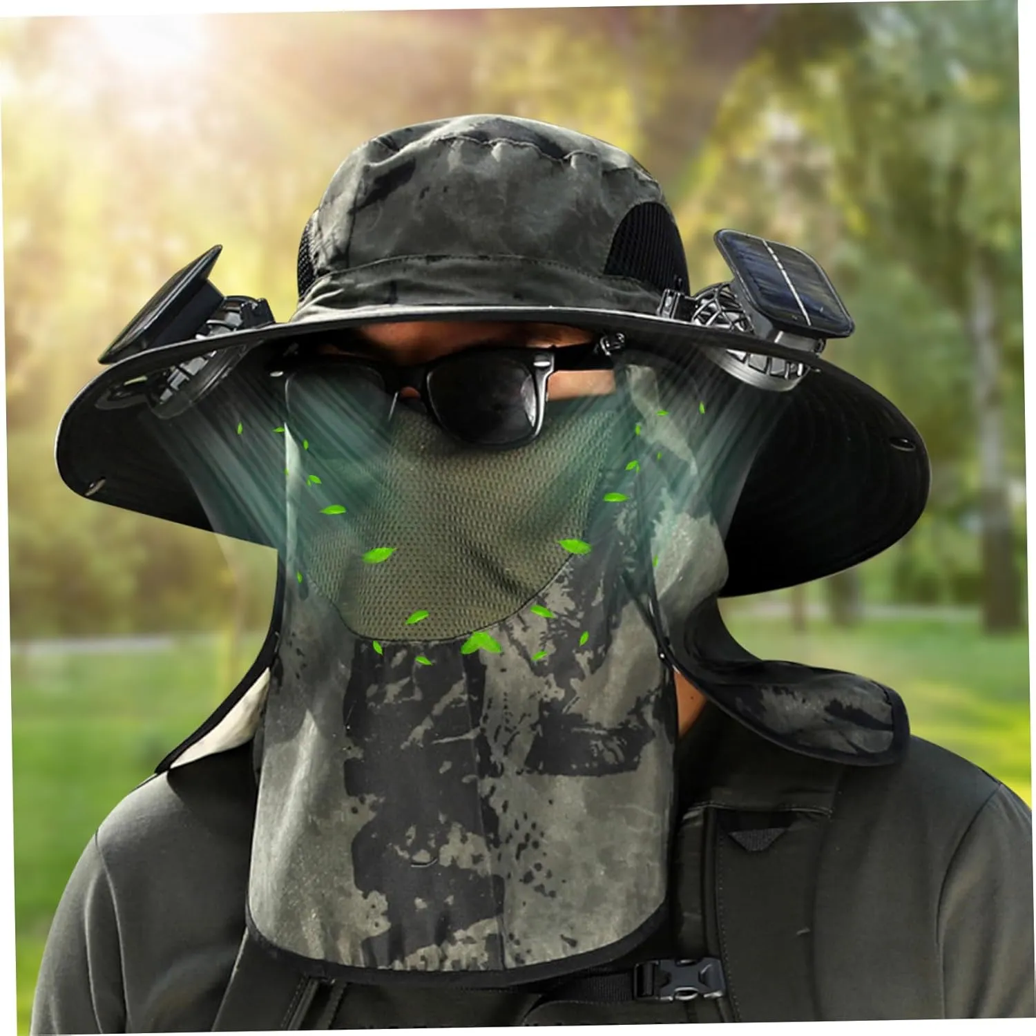 Sun Hat with 2 Solar Fans,UPF 50  Solar Powered Fans Hat,3 Speeds Wide Brim Fishing Cowboy Hats with Detachable Face Cover