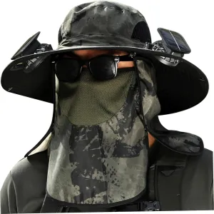Sun Hat with 2 Solar Fans,UPF 50  Solar Powered Fans Hat,3 Speeds Wide Brim Fishing Cowboy Hats with Detachable Face Cover
