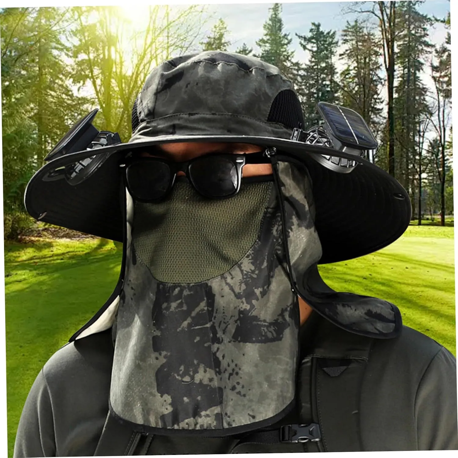 Sun Hat with 2 Solar Fans,UPF 50  Solar Powered Fans Hat,3 Speeds Wide Brim Fishing Cowboy Hats with Detachable Face Cover