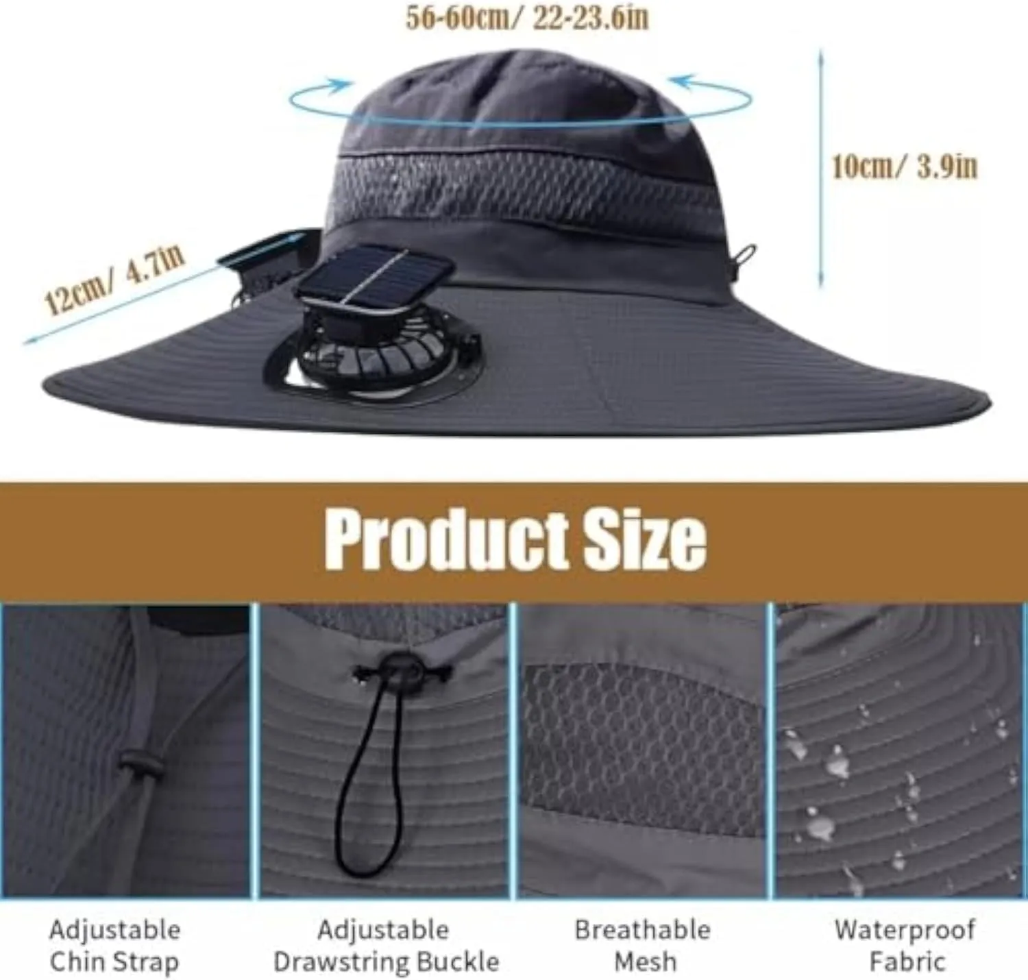 Sun Hat with 2 Solar Powered Fans,UPF 50  Wide Brim Solar Fan Hats Outdoor Fishing Hat for Men,USB Charging
