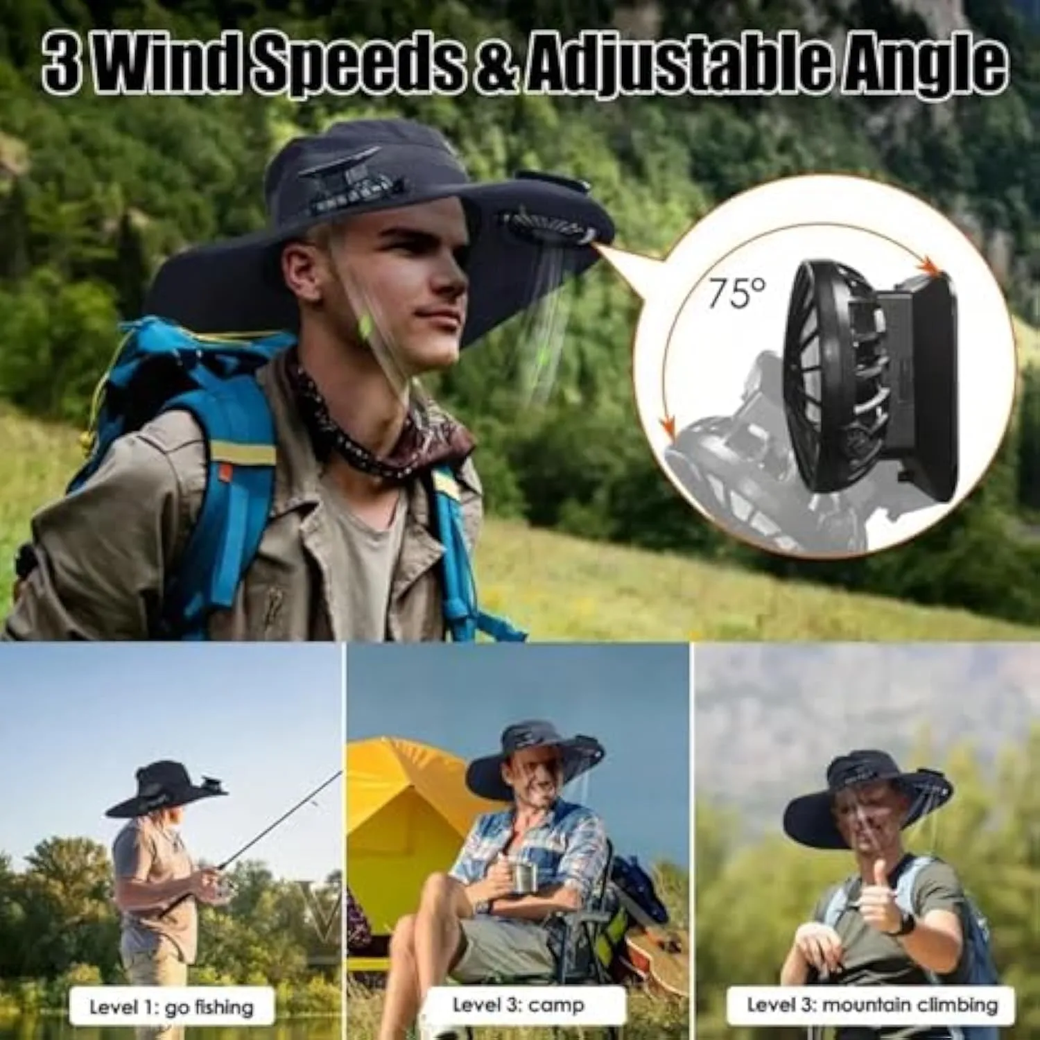 Sun Hat with 2 Solar Powered Fans,UPF 50  Wide Brim Solar Fan Hats Outdoor Fishing Hat for Men,USB Charging