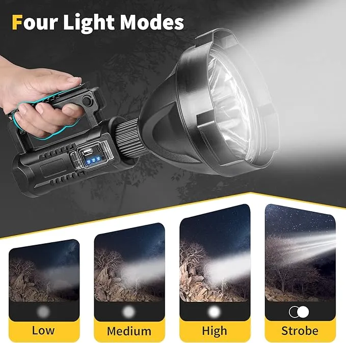 Super Bright Rechargeable Spotlight,Handheld Tactical Flashlight 4 Modes High Power Portable Waterproof Searchlight for Outdoor Tripod Adpater and USB Cable Included