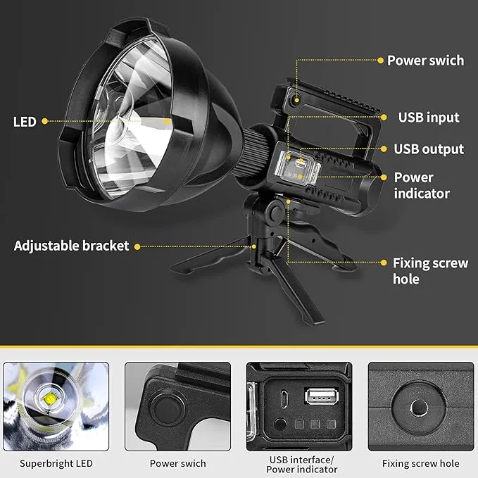 Super Bright Rechargeable Spotlight,Handheld Tactical Flashlight 4 Modes High Power Portable Waterproof Searchlight for Outdoor Tripod Adpater and USB Cable Included