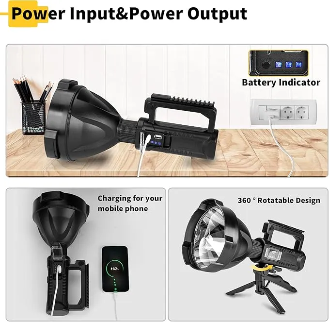 Super Bright Rechargeable Spotlight,Handheld Tactical Flashlight 4 Modes High Power Portable Waterproof Searchlight for Outdoor Tripod Adpater and USB Cable Included