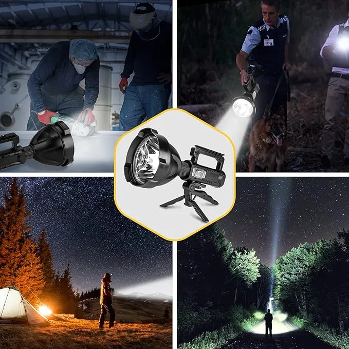 Super Bright Rechargeable Spotlight,Handheld Tactical Flashlight 4 Modes High Power Portable Waterproof Searchlight for Outdoor Tripod Adpater and USB Cable Included