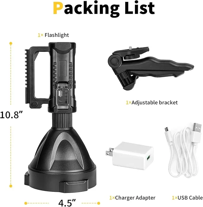 Super Bright Rechargeable Spotlight,Handheld Tactical Flashlight 4 Modes High Power Portable Waterproof Searchlight for Outdoor Tripod Adpater and USB Cable Included