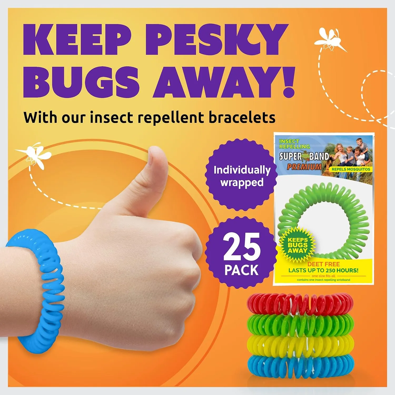 Superband Mosquito Repellent Bracelets for Adults & Kids - Pack of 25 - Long Lasting, Natural Bug and Insect Repellent Bracelet - Waterproof, Individually Wrapped, Deet-Free Bands - Multicolor
