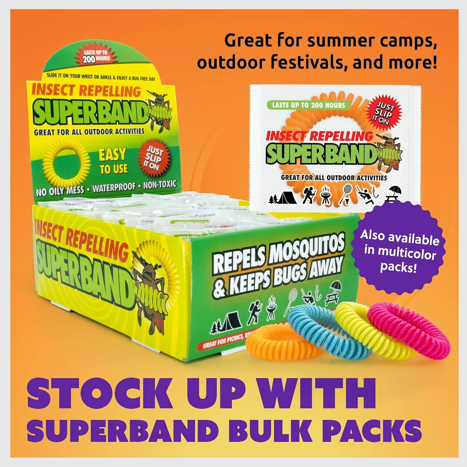 Superband Mosquito Repellent Bracelets for Adults & Kids - Pack of 25 - Long Lasting, Natural Bug and Insect Repellent Bracelet - Waterproof, Individually Wrapped, Deet-Free Bands - Multicolor