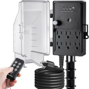 SURAIELEC Outdoor Power Stake Timer Waterproof, 100FT Wireless Remote Control, Photocell Dusk to Dawn Timer, 6 Grounded Plug Outlets, 6FT Extension Cord, for Halloween Decoration, Lights, Garden