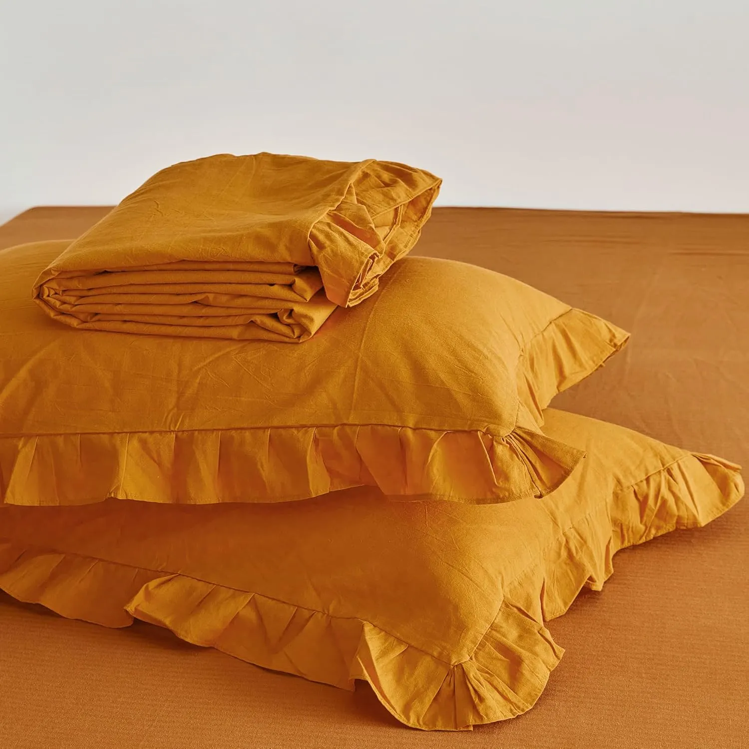 SUSYBAO Burnt Orange Ruffled Duvet Cover Queen 100% Washed Cotton 3 Pieces Set 1 Princess Lace Ruffle Duvet Cover with Zipper Ties 2 Pillow Shams Cute Decorative Ruffled Bedding Set Soft