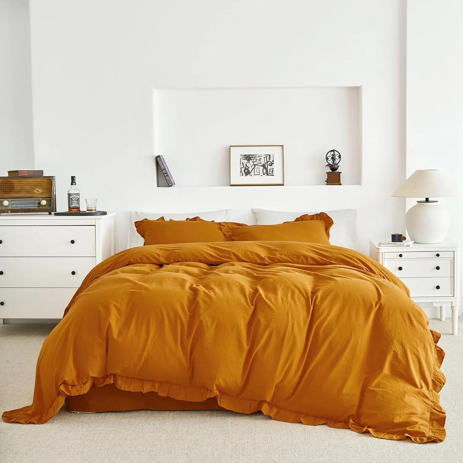 SUSYBAO Burnt Orange Ruffled Duvet Cover Queen 100% Washed Cotton 3 Pieces Set 1 Princess Lace Ruffle Duvet Cover with Zipper Ties 2 Pillow Shams Cute Decorative Ruffled Bedding Set Soft