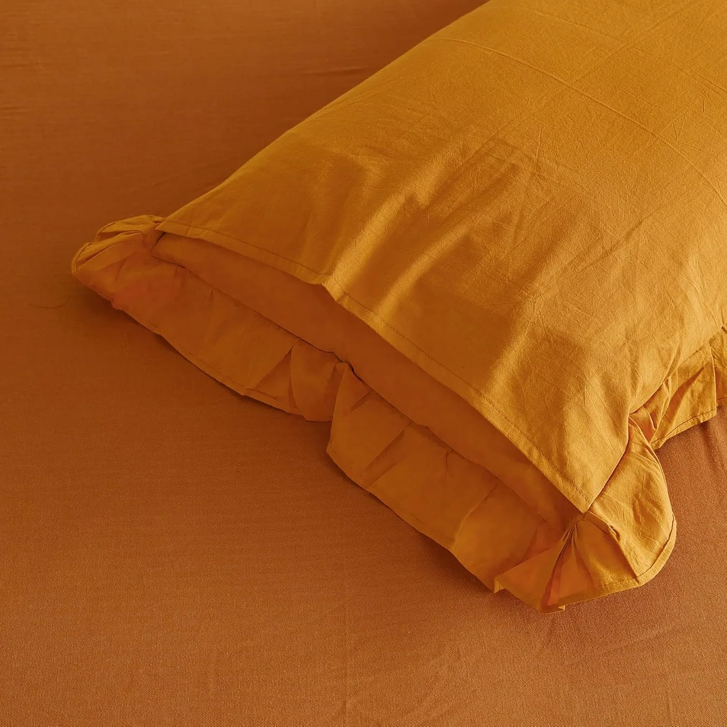 SUSYBAO Burnt Orange Ruffled Duvet Cover Queen 100% Washed Cotton 3 Pieces Set 1 Princess Lace Ruffle Duvet Cover with Zipper Ties 2 Pillow Shams Cute Decorative Ruffled Bedding Set Soft