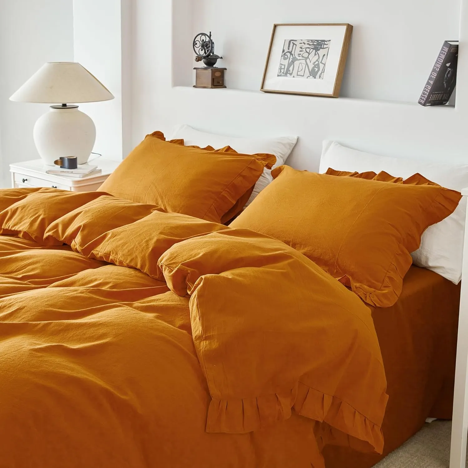 SUSYBAO Burnt Orange Ruffled Duvet Cover Queen 100% Washed Cotton 3 Pieces Set 1 Princess Lace Ruffle Duvet Cover with Zipper Ties 2 Pillow Shams Cute Decorative Ruffled Bedding Set Soft