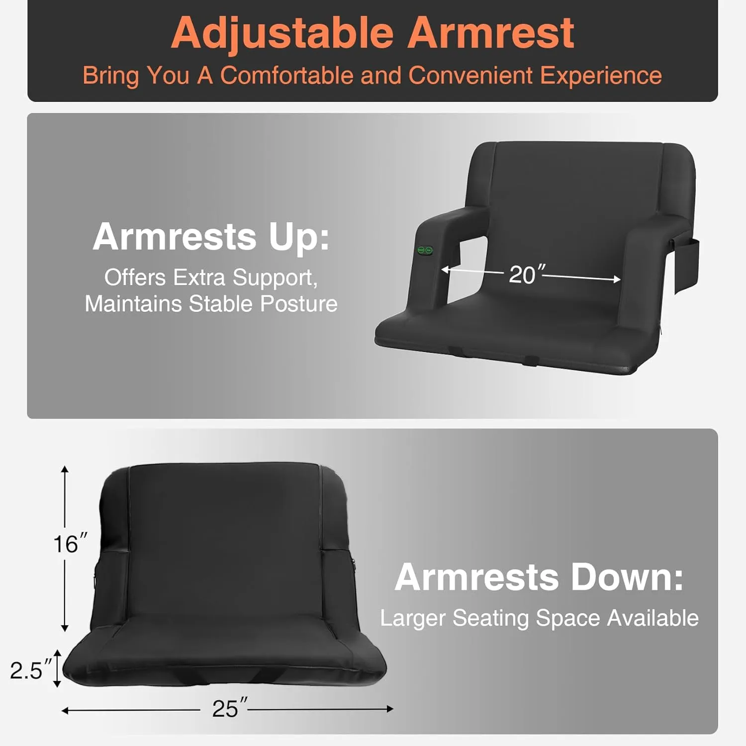 Suteck Dual-Sided Heated Stadium Seats for Bleachers with Back Support, Portable Heated Bleacher Seat with Backrest, 3 Heat Levels, 5 Pockets – Ideal for Outdoor Stadiums and Events - Black