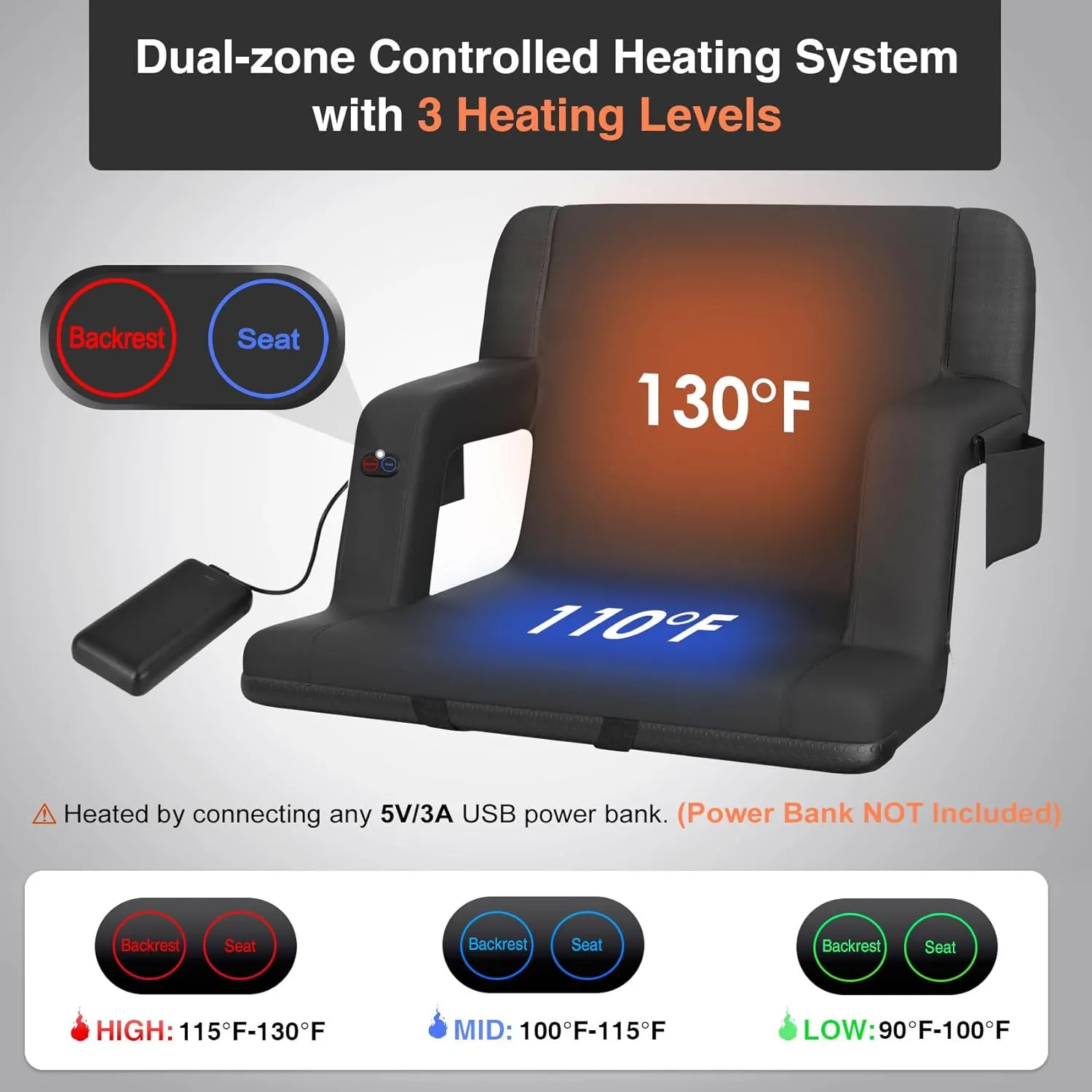 Suteck Dual-Sided Heated Stadium Seats for Bleachers with Back Support, Portable Heated Bleacher Seat with Backrest, 3 Heat Levels, 5 Pockets – Ideal for Outdoor Stadiums and Events - Black
