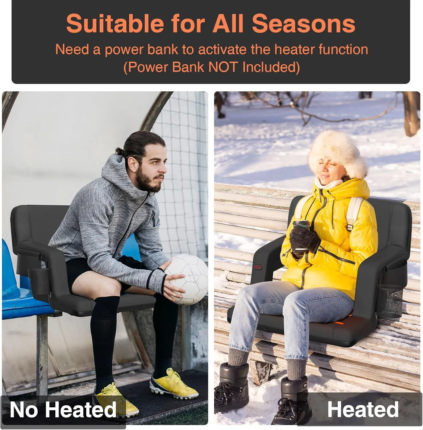 Suteck Dual-Sided Heated Stadium Seats for Bleachers with Back Support, Portable Heated Bleacher Seat with Backrest, 3 Heat Levels, 5 Pockets – Ideal for Outdoor Stadiums and Events - Black