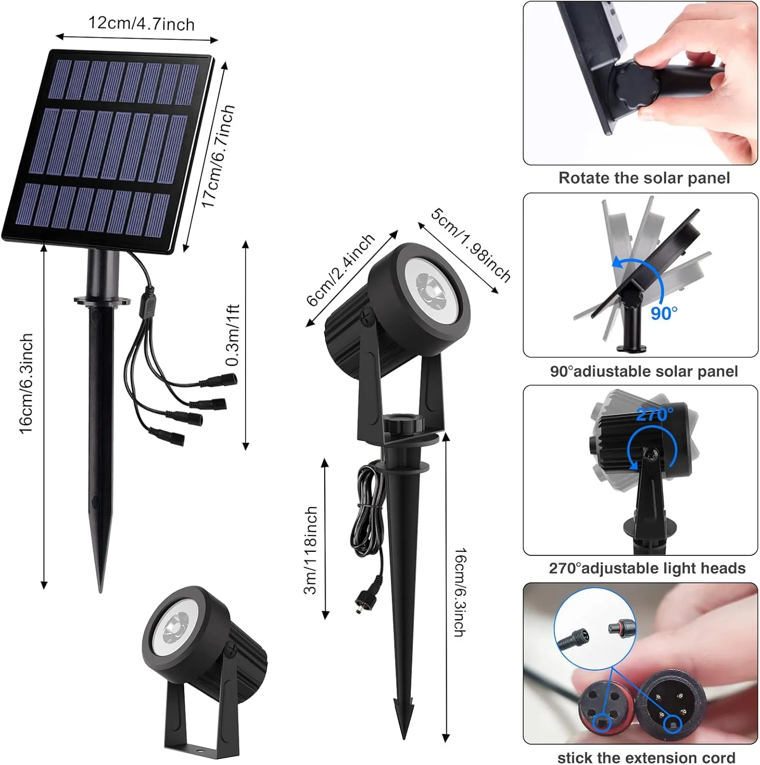 T-SUNUS Solar Garden Spotlight Outdoor, 4-in-1 Spot Lights IP65 Waterproof 9.8ft Cable, 5W Separated Panel, Auto On/Off for Flag Tree Patio Yard Driveway Pathway Pool Area(Warm White 3000K)