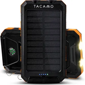 TACAMO® Solar Power Bank Portable Charger - IP67 Waterproof and Dustproof - TSA Compliant - for Backpacking and Camping - Dual USB Port, Fast Charging Battery Pack with 3-Mode Emergency Flashlight