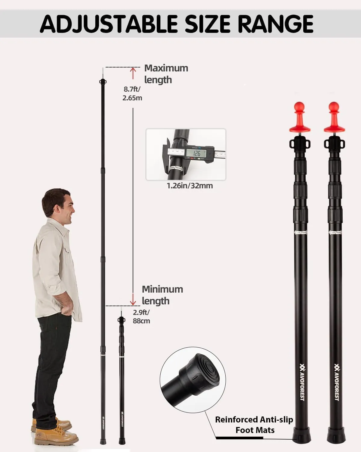 Tarp Poles Heavy Duty Adjustable, AVOFOREST Aviation Aluminum 8.7FT Tent Poles Lengthen and Thicken with Protection Cap Awning Poles Set of 4 for Hiking