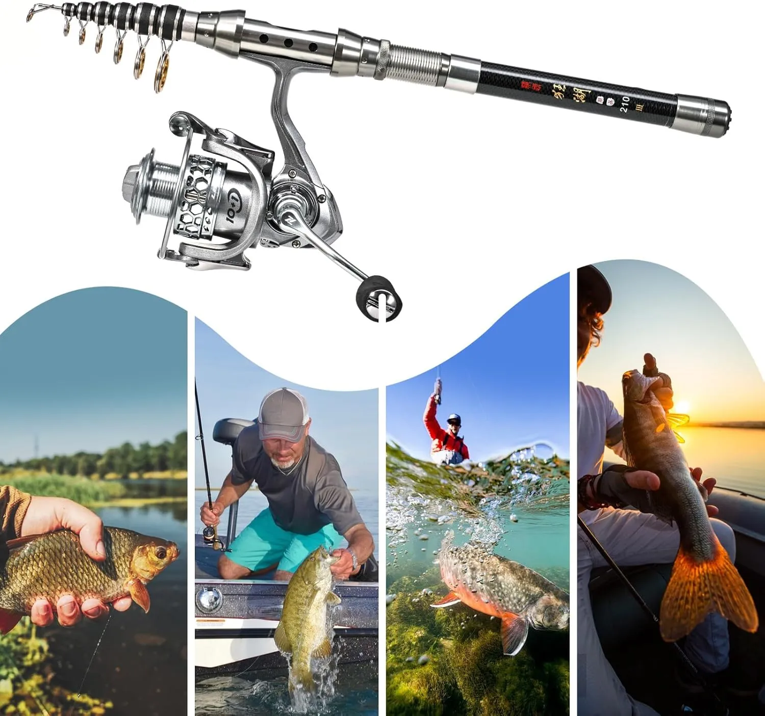 Telescopic Fishing Pole Kit, Lightweight Carbon Fiber Rod, Versatile Fishing Reel, Fish Lip Gripper, Pliers, Tackle Bag, for Anglers on The Go