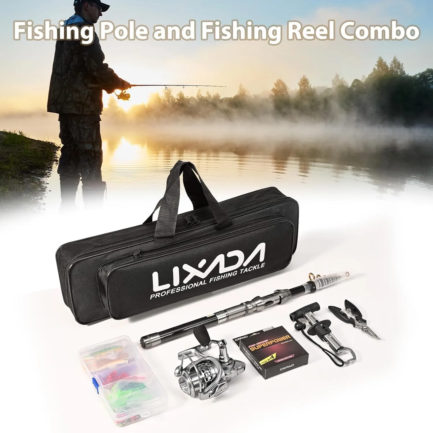 Telescopic Fishing Pole Kit, Lightweight Carbon Fiber Rod, Versatile Fishing Reel, Fish Lip Gripper, Pliers, Tackle Bag, for Anglers on The Go