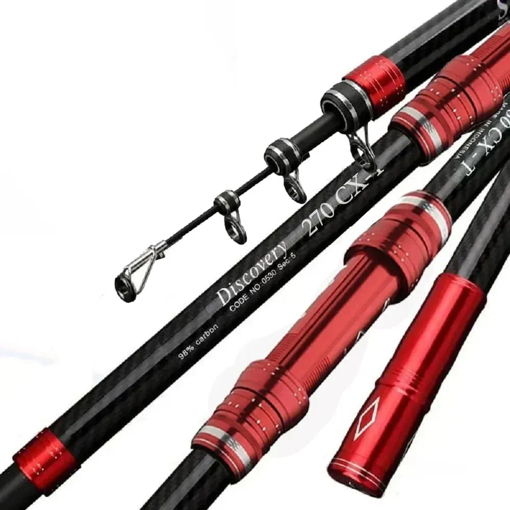 Telescopic Fishing Rod, Carbon Fiber Travel Surf Rod, Spinning Power Lure 2-9Oz, 20-50LB,Medium-Heavy Throwing Surfcasting Baitcasting Pole,Red