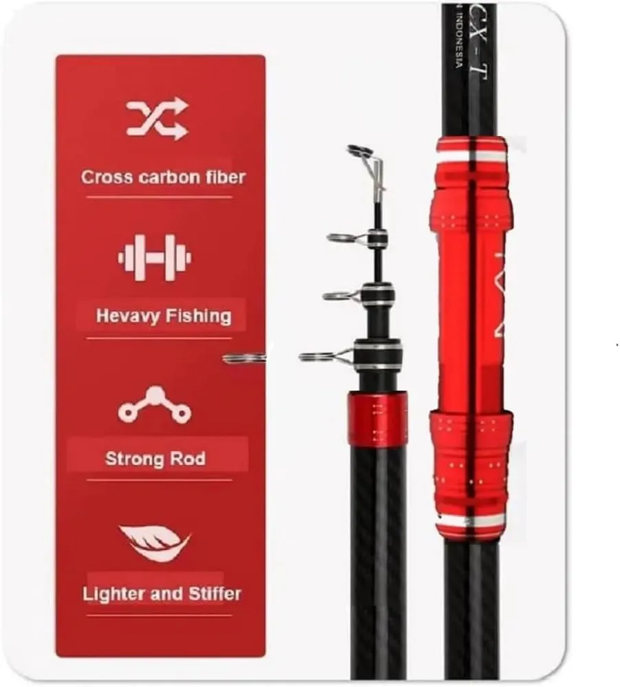 Telescopic Fishing Rod, Carbon Fiber Travel Surf Rod, Spinning Power Lure 2-9Oz, 20-50LB,Medium-Heavy Throwing Surfcasting Baitcasting Pole,Red