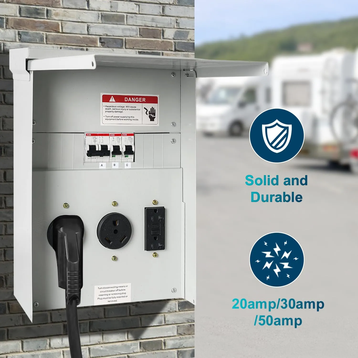 Temporary Power Outlet Panel with 20 30 50 Amp Receptacle Installed, RV Power Outlet Box Weatherproof Electrical Receptacle Panel Temporary Hookup for RV Camper Car Travel Generator